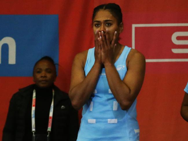 CAPE TOWN, SOUTH AFRICA - JULY 29: Fiji substitute bench reacts during the Netball World Cup 2023 Pool A match between Zimbabwe and Fiji at Cape Town International Convention Centre Court 2 on July 29, 2023 in Cape Town, South Africa. (Photo by Shaun Roy/Gallo Images/Netball World Cup 2023 via Getty Images)