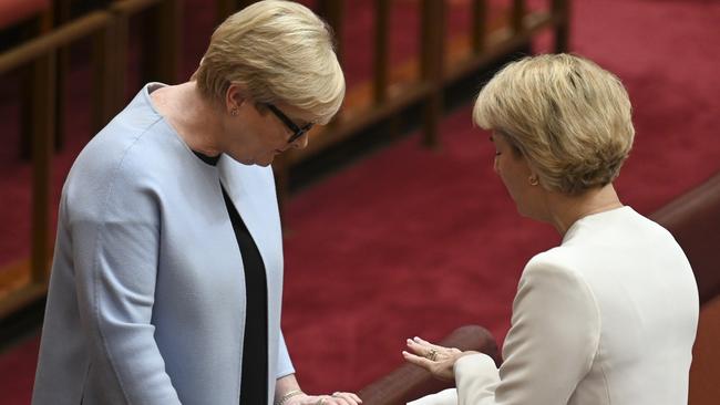 Linda Reynolds and Michaelia Cash in the Senate at Parliament House in Canberra. Picture: NCA NewsWire/Martin Ollman