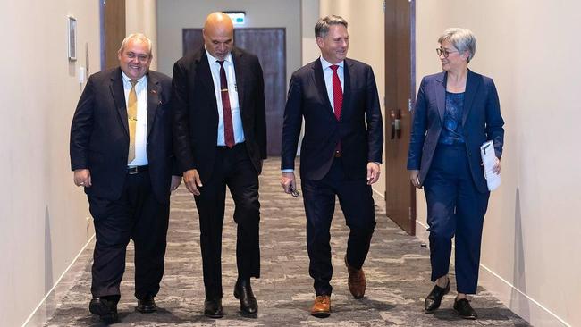 Papua New Guinea Foreign Minister Justin Tkatchencko, left, PNG Deputy Prime Minister John Rosso, Defence Minister Richard Marles and Foreign Minister Penny Wong in Port Moresby. Picture: DFAT