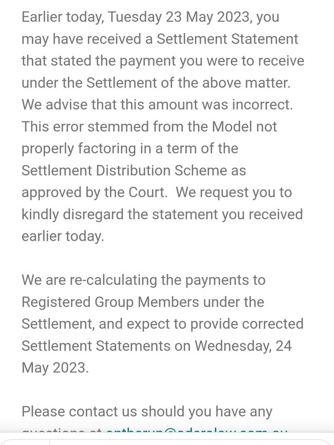 “We are re-calculating the payments to Registered Group Members,” a follow-up email from Adero Law read.