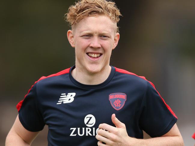 MELBOURNE, AUSTRALIA - APRIL 01: Clayton Oliver of the Demons runs laps during a Melbourne Demons AFL training session at Gosch's Paddock on April 01, 2019 in Melbourne, Australia. (Photo by Michael Dodge/Getty Images)