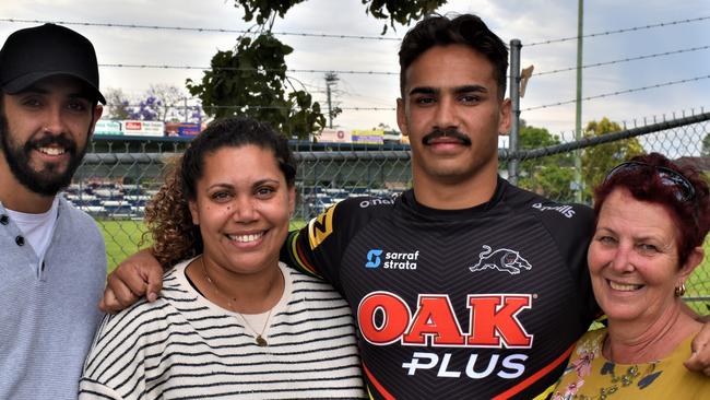 Iluka's Daine Laurie with family members at McGuren Field - the homeground one of his junior clubs Grafton Ghosts - during his offseason home visit after his debut NRL season with the Penrith Panthers in 2020.