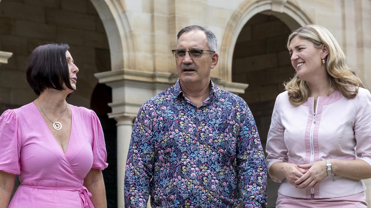 Attorney-General Shannon Fentiman with Lloyd and Sue Clarke, whose daughter Hannah was a victim of coercive control. Picture: NewsWire / Sarah Marshall