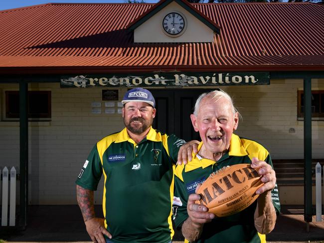 GREENOCK FOOTBALL CLUB REVIVAL. David Coombs and Norton Schluter (who played in the last premiership in 1955) at the Greenock Oval. Picture: Tricia Watkinson