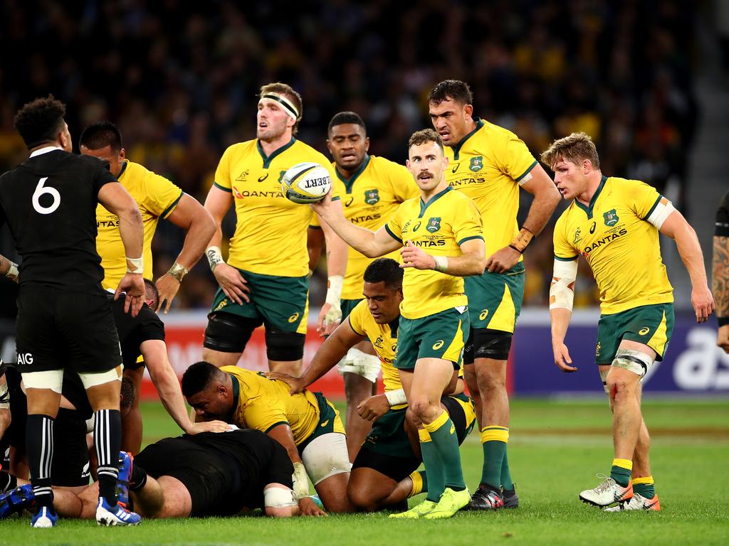 The Wallabies prepare to feed a scrum during the 2019 Rugby Championship.