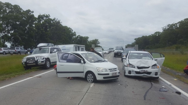 The scene of the two-vehicle crash on the Bruce Highway at Palmview on January 5, 2018. Picture: Victor Pucci