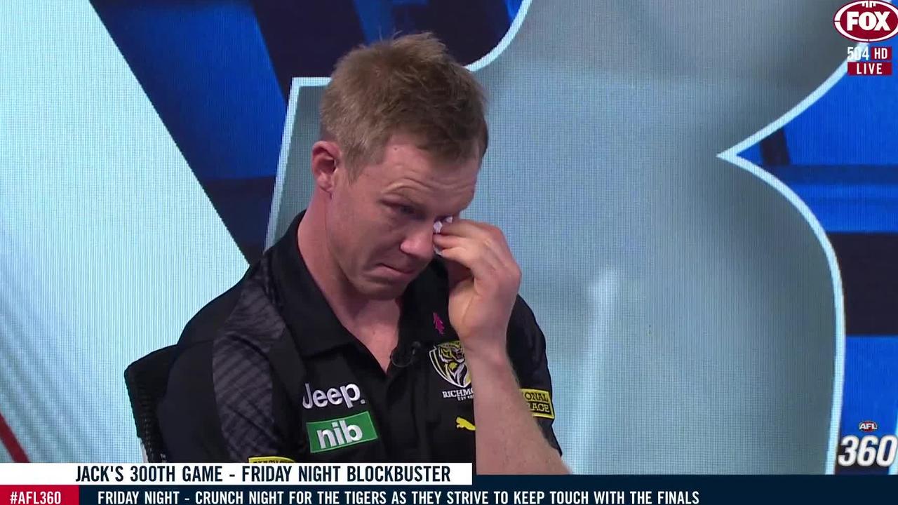 Jack Riewoldt was emotional reminiscing on his 299-game career.