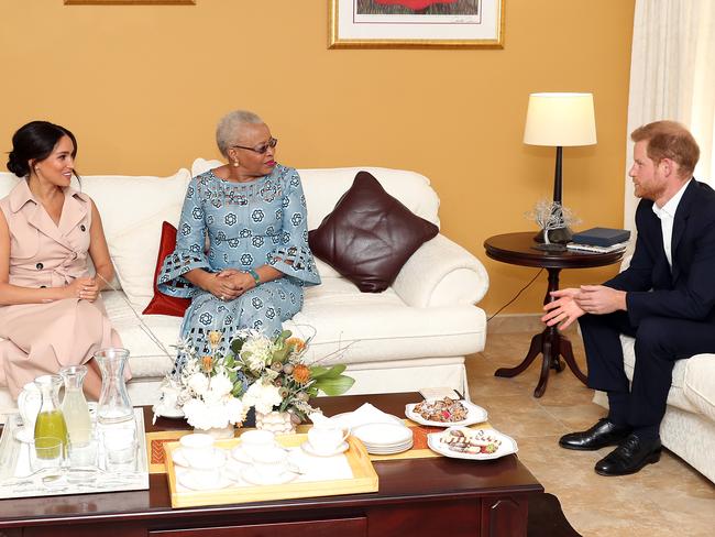 Prince Harry, Duke of Sussex and Meghan, Duchess of Sussex meet Graca Machel, widow of the late Nelson Mandela. Picture: Getty Images