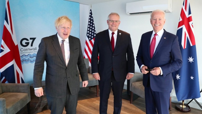 Prime Minister Scott Morrison with Prime Minister Boris Johnson and President Biden at the G7 summit. All G7 leaders have committed to net zero emissions by 2050 placing greater pressure on Australia to follow suit. Picture: Getty