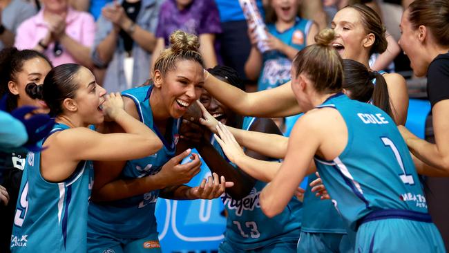 MELBOURNE, AUSTRALIA - MARCH 17: Mercedes Russell of the Flyers is named MVP after winning the WNBL Championship during the WNBL Grand Final series between Southside Flyers and Perth Lynx at Melbourne Sports Centre Parkville, on March 17, 2024, in Melbourne, Australia. (Photo by Kelly Defina/Getty Images) (Photo by Kelly Defina/Getty Images)