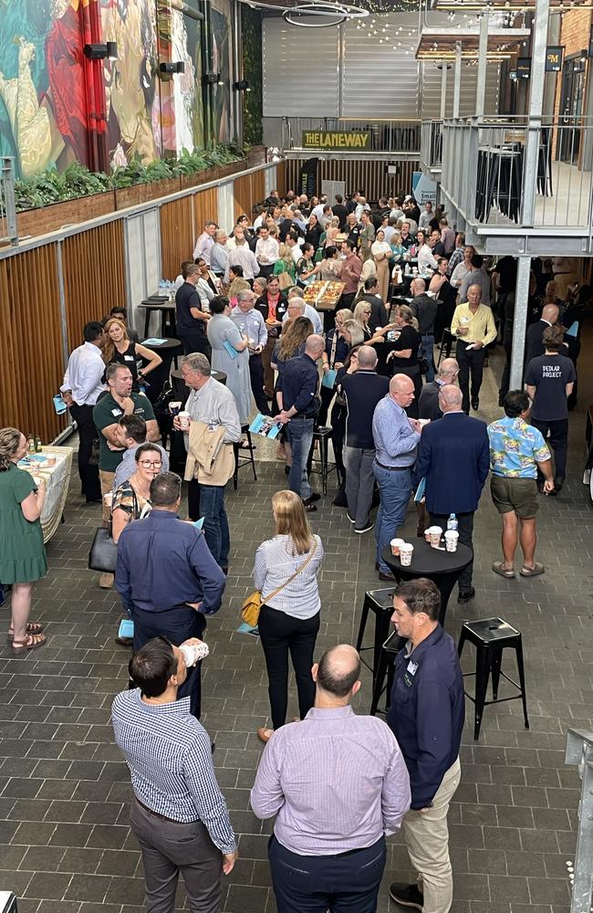 Flinders Lane was packed with business people to speak with the Queensland Premier and ministerial team. Picture: Leighton Smith.
