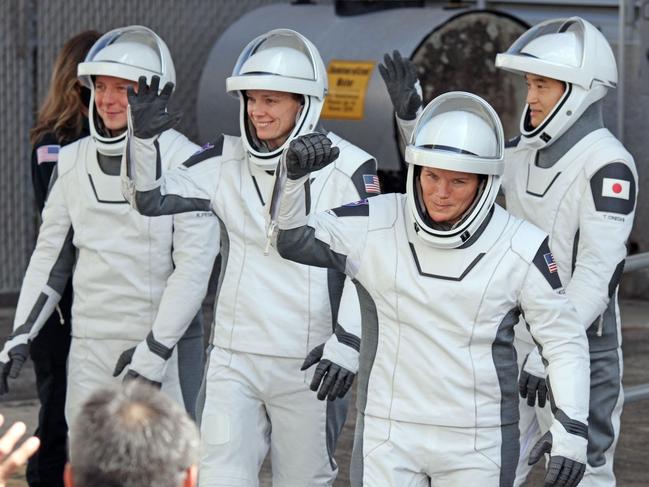 Crew-10 mission astronauts Roscosmos cosmonaut Kirill Peskov, NASA astronauts Nichole Ayers and Anne McClain and JAXA astronaut Takuya Onishi walk out of the Neil A. Armstrong Operations and Checkout Building en route to launch complex 39A at the Kennedy Space Center in Cape Canaveral, Florida. Picture: Gregg Newton / AFP