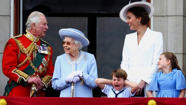 Queen Elizabeth II, accompanied by Prince Charles, the Duchess of Cambridge, and her grandchildren Princess Charlotte and a rattled Prince Louis, make a memorable appearance on the balcony of Buckingham Palace as part of the Queen’s Platinum Jubilee. Picture: Hannah McKay