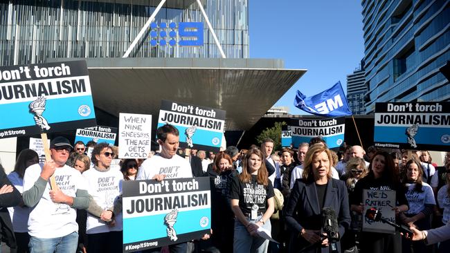 Michele O'Neil, ACTU President, addresses Nine Newspapers employees and freelancers as they join together outside the company office to strike for fairer pay. Picture: Andrew Henshaw