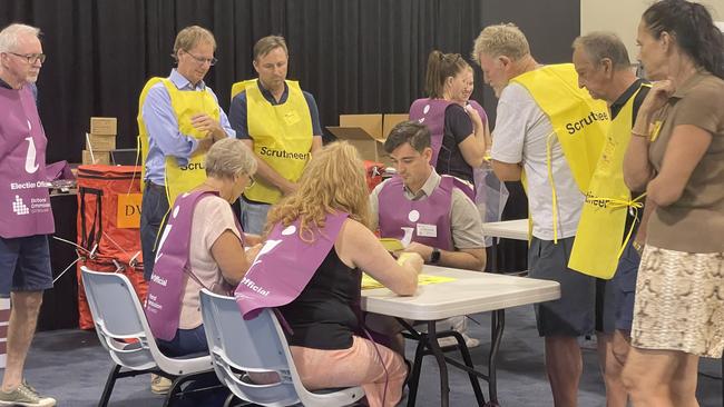 Candidate for mayor Ry Collins and candidate for Division 2 Clay Bauman were both present as scrutineers on election day on March 16, 2024. Picture: Estelle Sanchez