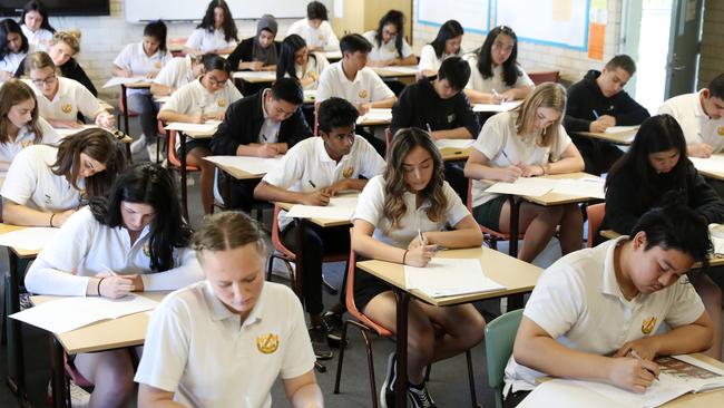 St Marys Senior High School students during the first day of the HSC exams. Picture: Jonathan Ng