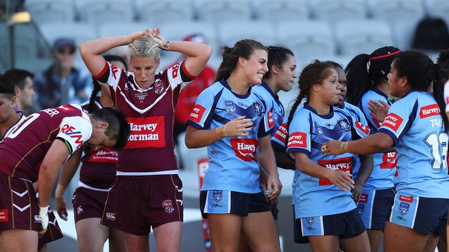 NSW's Jessica Sergis scores her third try during the NSW v QLD Interstate Challenge at WIN Stadium, Wollongong. Picture: Brett Costello