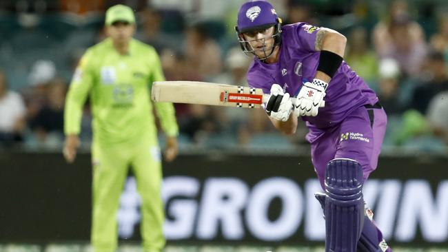 Ben McDermott of the Hobart Hurricanes bats during the Big Bash League match between the Sydney Thunder and the Hobart Hurricanes at Manuka Oval, on January 18, 2021, in Canberra, Australia. (Photo by Darrian Traynor/Getty Images)