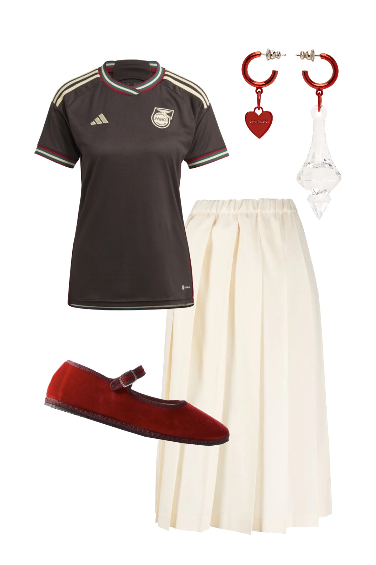 <h2><b>Jamaica away</b></h2><p>This is an outfit formula I rely on regularly: a football jersey, midi skirt, and a pair of Mary Janes. In fact, this is exactly how I style Grace Wales Bonner’s Adidas creation for the Jamaican team, designed in collaboration with Adidas and debuted earlier this year at Paris Fashion Week. Bring out the hints of red with Vibi Venezia’s velvet flats (one of the most comfortable shoes I own) and jewellery, but soften it all with a cream skirt, either a pleated midi or a silk number—whatever takes your fancy.</p><p><b>SHOP NOW: </b>Jamaica 23 away jersey, $140 from <a href="https://www.adidas.com.au/jamaica-23-away-jersey/HT7133.html" target="_blank" rel="nofollow noopener"><b>Adidas</b></a></p><p><b>SHOP NOW: </b>Comme Des Garçons Girl pleated wool midi skirt, $901 from <a href="https://www.farfetch.com/au/shopping/women/comme-des-garcons-girl-pleated-wool-midi-skirt-item-19638115.aspx" target="_blank" rel="nofollow noopener"><b>Farfetch</b></a></p><p><b>SHOP NOW: </b>Vibi Venezia blanket-stitched velvet Mary Jane flats, $160 from <a href="https://www.matchesfashion.com/au/products/1519745" target="_blank" rel="nofollow noopener"><b>Matches Fashion</b></a></p><p><b>SHOP NOW:</b> Acne Studios red and transparent Attiko earrings, $270 from <a href="https://www.ssense.com/en-au/women/product/acne-studios/red-and-transparent-attiko-earrings/12269581" target="_blank" rel="nofollow noopener"><b>Ssense</b></a></p>