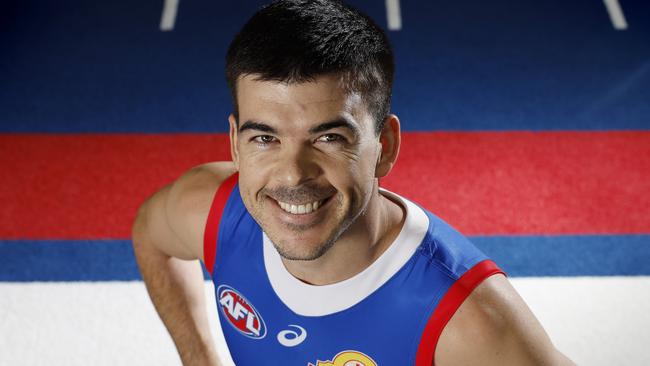 NCA. MELBOURNE, AUSTRALIA. October 18 , 2024. AFL. Ex Blue now Bulldog Matthew Kennedy tries on his new collars for the first time at the Whitten Oval today .    .  Pic : Michael Klein