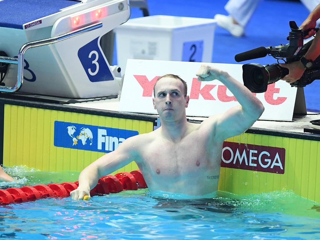 Matt Wilson celebrates breaking the 200m Breaststroke world record during the semi-finals at the 18th FINA World Swimming Championships in 2019. Picture: Delly Carr/Swimming Australia