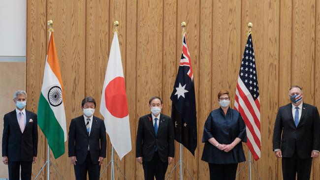 In October last year, Japan’s leader Yoshihide Suga hosted the quad meeting, which included Foreign Minister Marise Payne and then US Secretary of State Mike Pompeo. Picture: AFP