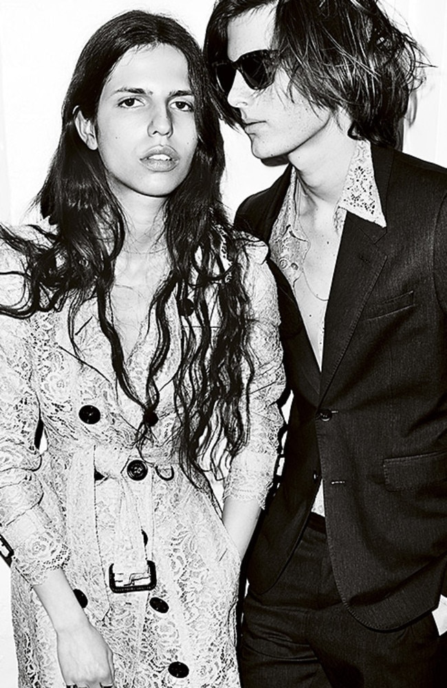 Dylan Brosnan (right) alongside British model Hayett Belarbi, modelling for Burberry. Picture: Burberry