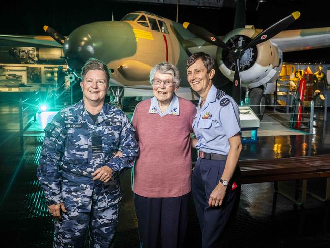 Joy Daymon with RAAF staff member Tracey Pelling (left) and Wing Commander Emily Cameron (right). Picture: Wayne Taylor