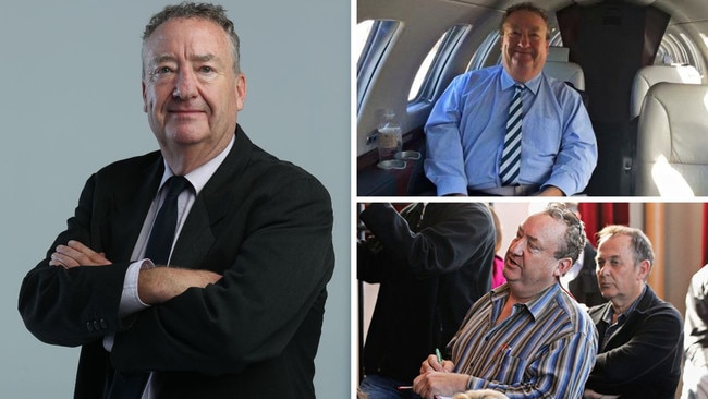 Clockwise from left, The Australian’s senior journalist Ean Higgins in 2019; on assignment travelling in Dick Smith’s private jet; and (centre, in striped shirt) at a press conference about New Zealand’s Pike River coalmine disaster in 2010. Higgins was deemed ‘boorish’ when he challenged the local police chief about why the mine manager, with union assistance and technical support, wasn’t making decisions about rescue efforts ‘as the people that actually know what’s going on’. Picture: Britta Campion, Renee Nowytarger