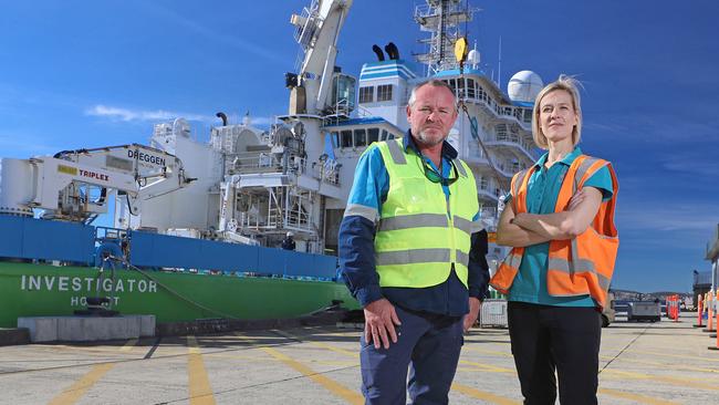 CSIRO Investigator Voyage Manager Max McGuire and CSIRO scientist Emily Jateff made an important discovery of a WWII shipwreck. Picture: LUKE BOWDEN