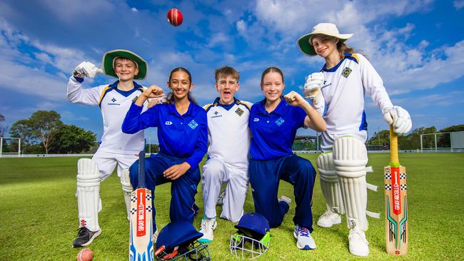 Junior cricketers Joe Tovey, 9, Sara Lalwani, 12, Will McDonald, 14, Mia Ferguson, 15 and Mabel Tovey, 11 from Nathan McSweeney's junior club Northern Suburbs District Cricket Club in Kedron. Picture: Nigel Hallett.