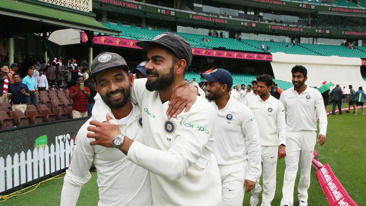 Rahane and Kohli celebrate during the 2019 series
