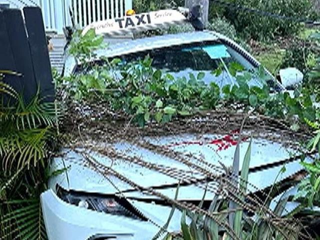 A taxi that crashed through three front gardens in Bayview Cl, Bayview, on March 10, 2024, after a driver, who blew 0.169, lost control of the vehicle after drinking with friends.