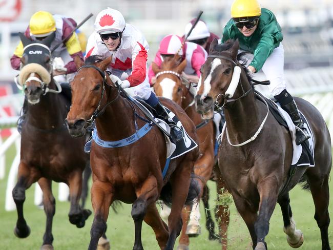 Races at Eagle Farm, Stradbroke day. Winner of race 6, Benzini, Jockey Rosie Myers. (right)  Pic Jono Searle.