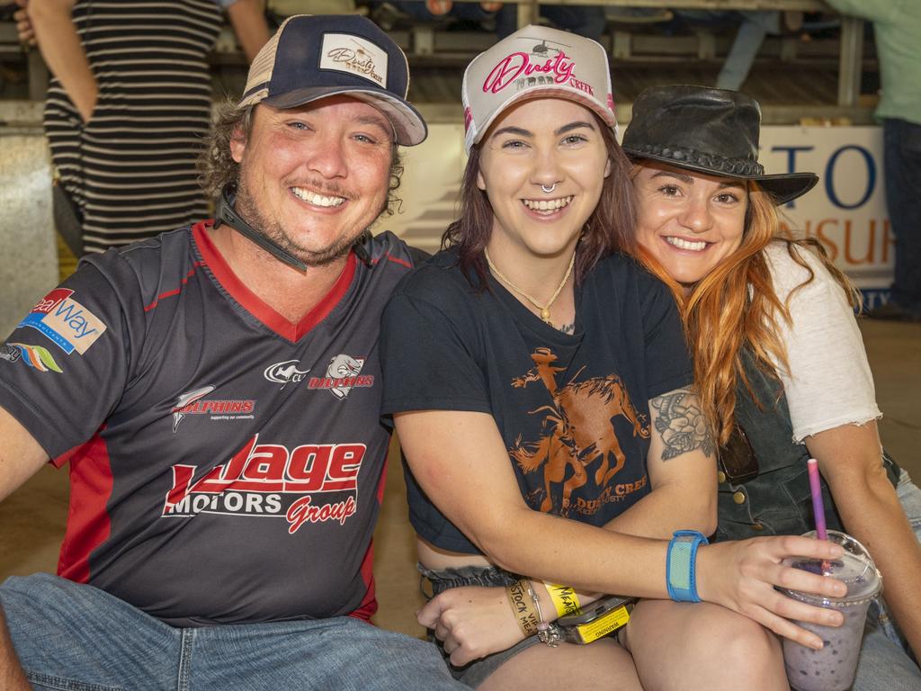 (from left) Matty White, Kaacee Yesberg and Keira Shanley at Meatstock, Toowoomba Showgrounds. Friday, April 8, 2022. Picture: Nev Madsen.