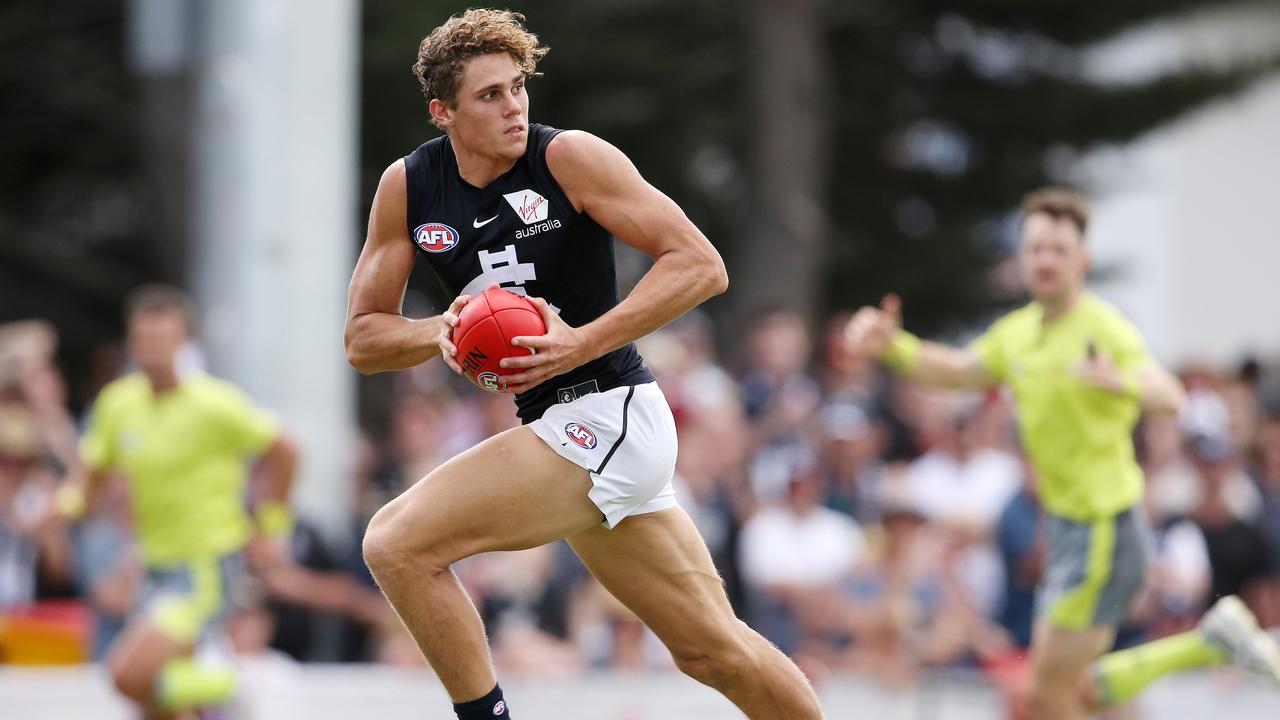 Charlie Curnow runs into an open goal against the Magpies. Picture: Michael Klein