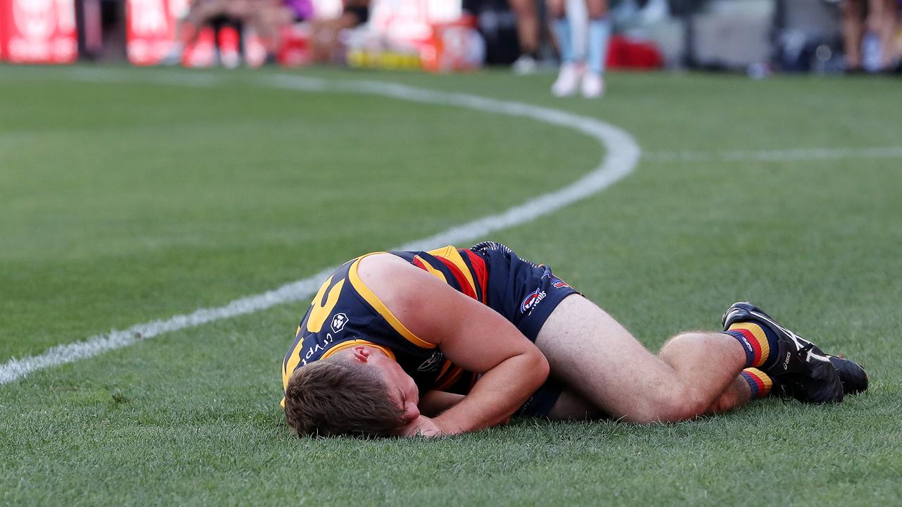 Parnell was in a bad way after the sling tackle. (Photo by Sarah Reed/AFL Photos via Getty Images)