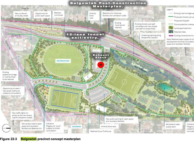 Post construction plan for the area closest to the Beaches Link tunnel. Add on graphics by Greg Cole. Original plan: Transport for NSW