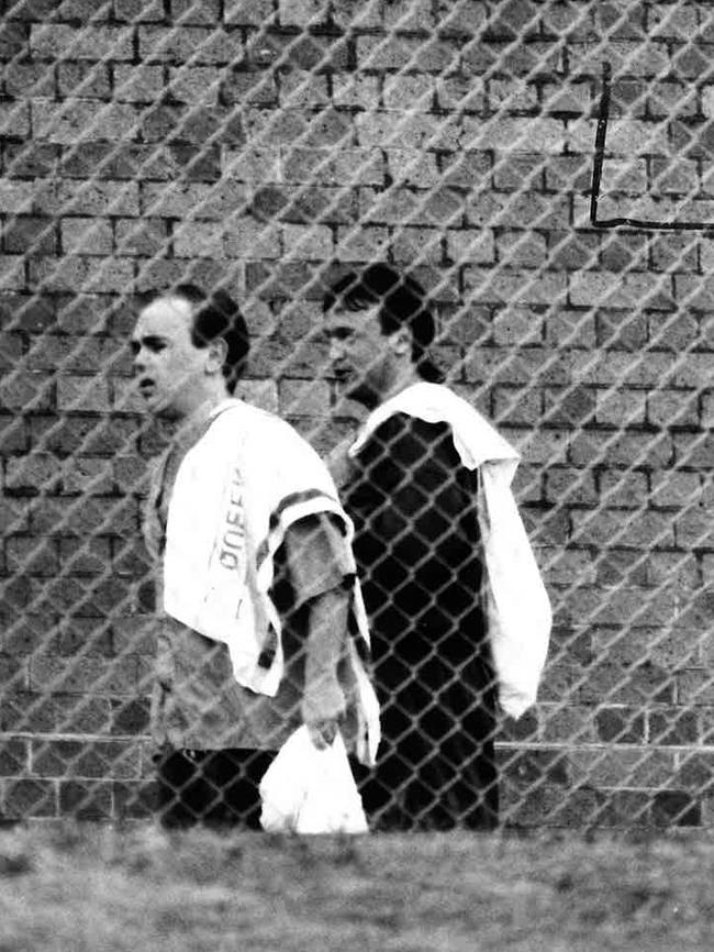 Joe Budd (left) in Boggo Road Prison with a fellow inmate in 1992 after he was found in contempt of court. Photo New Corp