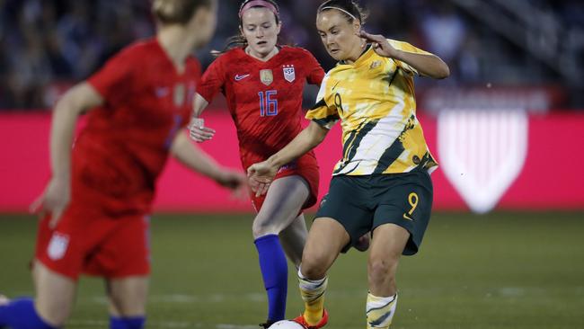 Caitlin Foord produced one of the all-time great goals for Australia. (AP Photo/David Zalubowski)