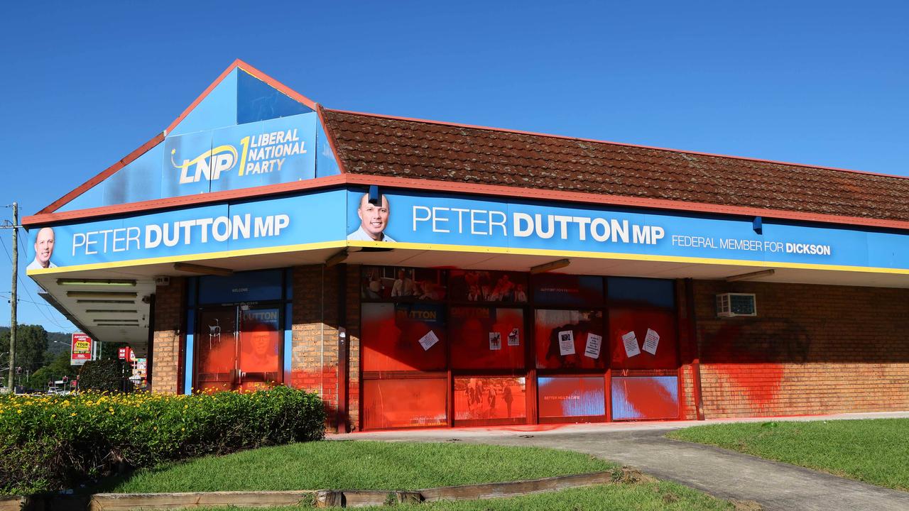 Mr Dutton’s office was covered in red spray paint. Picture: NewsWire/Tertius Pickard