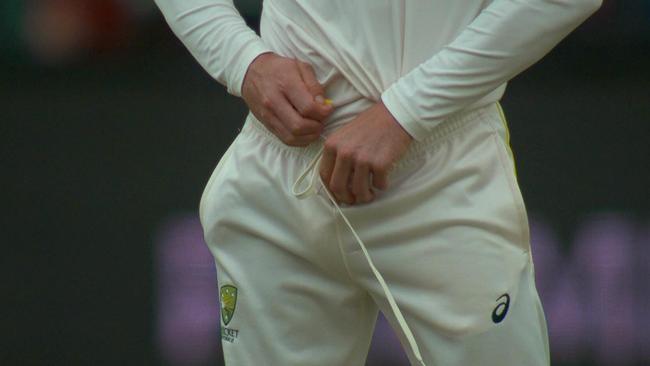 Cameron Bancroft attempts to hide the piece of sandpaper down his pants in South Africa. Picture: Fox Sports