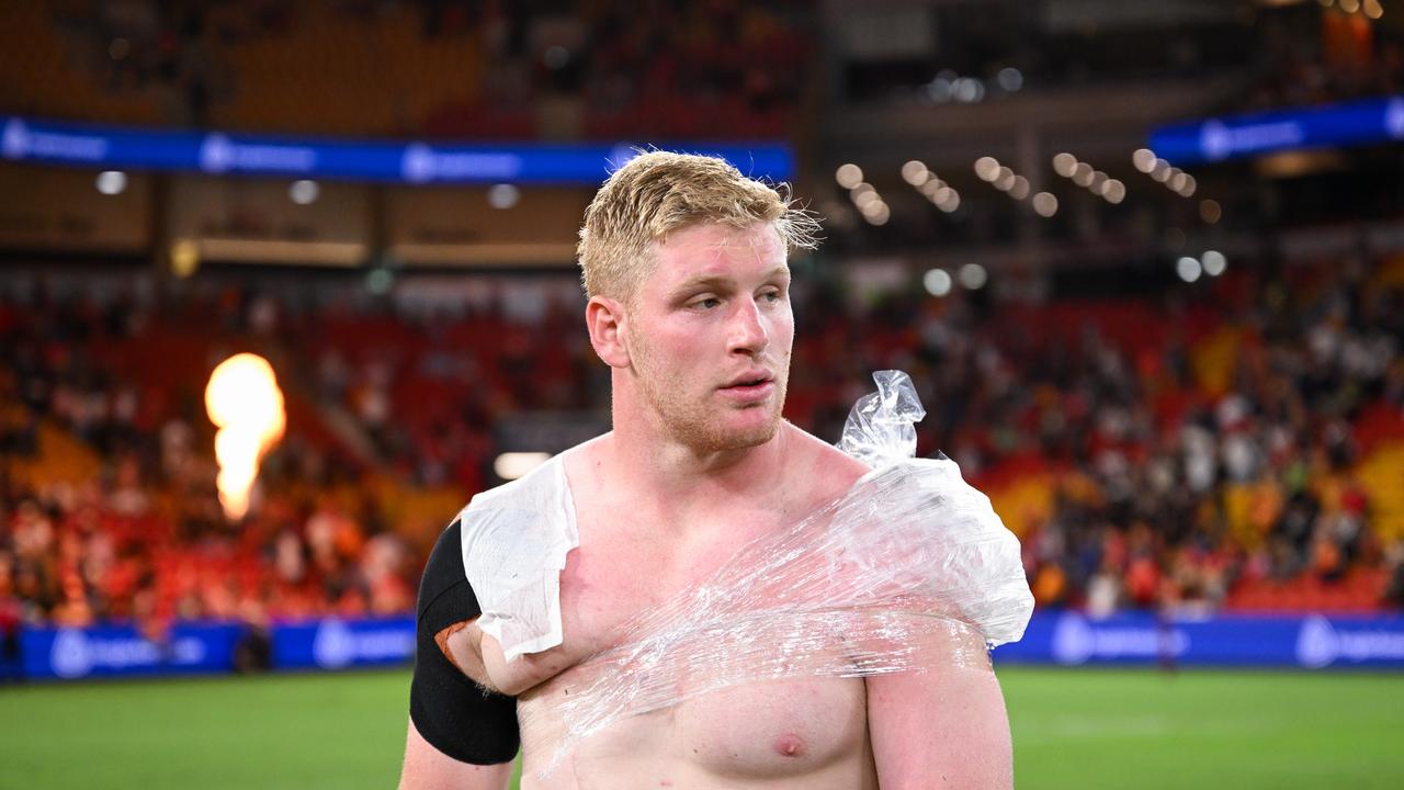 Prop Thomas Flegler ices his injured shoulder after the Dolphins v Tigers clash at Suncorp Stadium. Picture: NRL Images