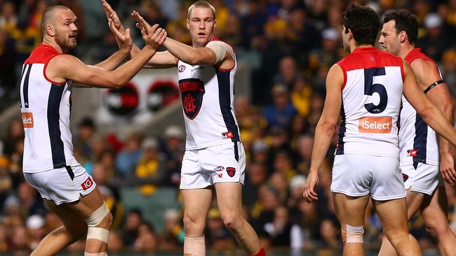 Max Gawn and Tom McDonald celebrate a key goal last week. Picture: Getty Images