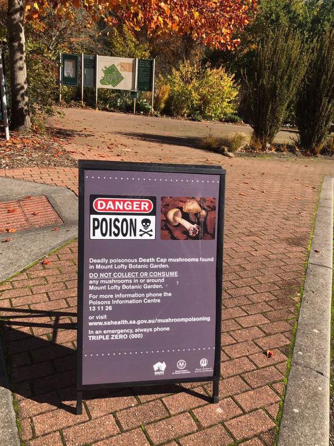 A sign at Mount Lofty Botanic Garden warning about poisonous mushrooms. Picture: Supplied