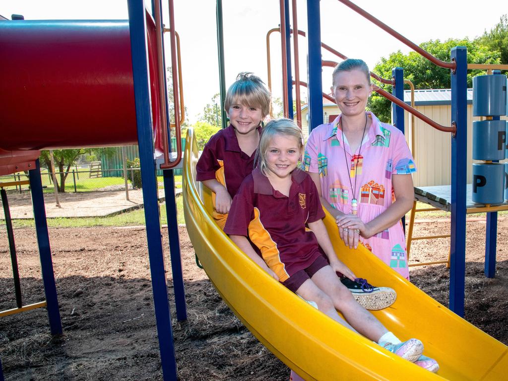 MY FIRST YEAR: Southbrook State School Prep students Isabelle and Henry with teacher Miss Lucy Hood. Absent Prep student Winter, March, 2024. Picture: Bev Lacey