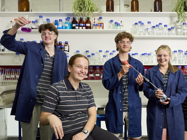 Year 12 students, James Bradley, 17, Sarah Ninio, 18, Oscar Mitchell, 18, Mackenzie Weaver, 17, and Emerson McClurg, 18 at Pulteney Grammar School in Adelaide, after their chemistry exam, Wednesday, Nov. 6, 2024. Picture: Matt Loxton