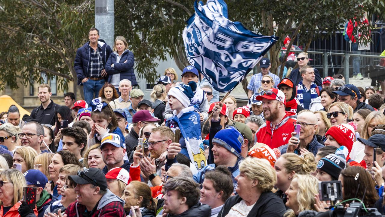 Fans hit Federation Square. Picture: Aaron Francis