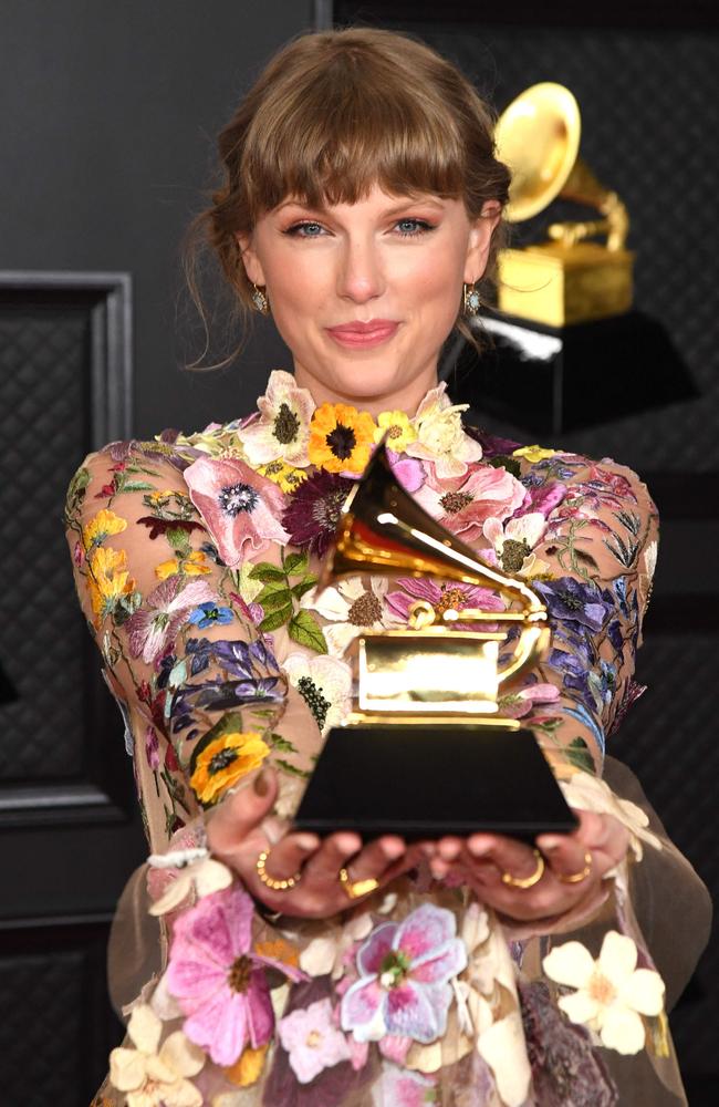 Taylor Swift winning Album of the Year for ‘Folklore’ at this year’s Grammys. Picture: Kevin Mazur/The Recording Academy/AFP