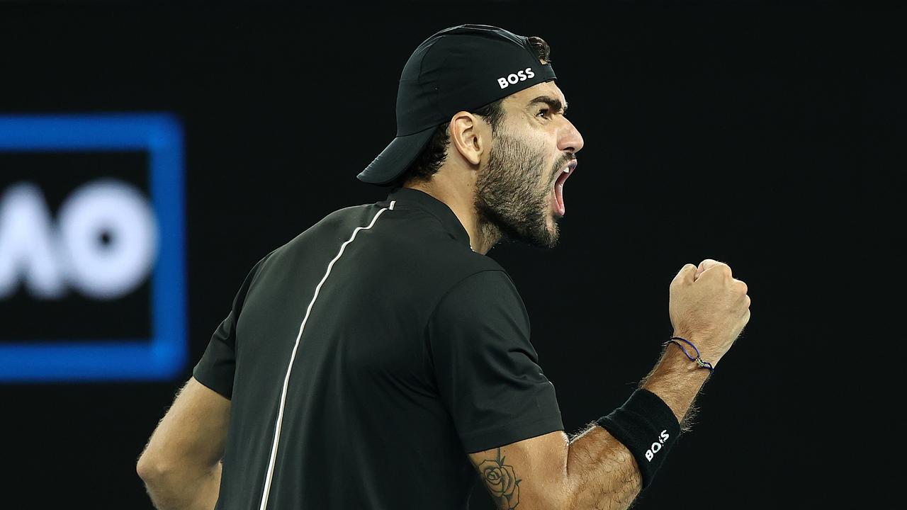 *** BESTPIX *** MELBOURNE, AUSTRALIA - JANUARY 25: Matteo Berrettini of Italy celebrates winning a point in his Men's Singles Quarterfinals match against Gael Monfils of France during day nine of the 2022 Australian Open at Melbourne Park on January 25, 2022 in Melbourne, Australia. (Photo by Mark Metcalfe/Getty Images)